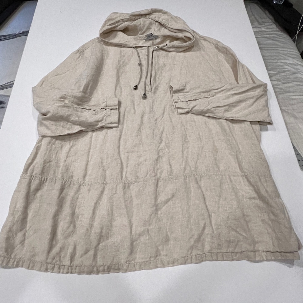Avenue Women's Plus 26/28 Oatmeal Linen Hooded Tunic Pullover Lagenlook Beach
